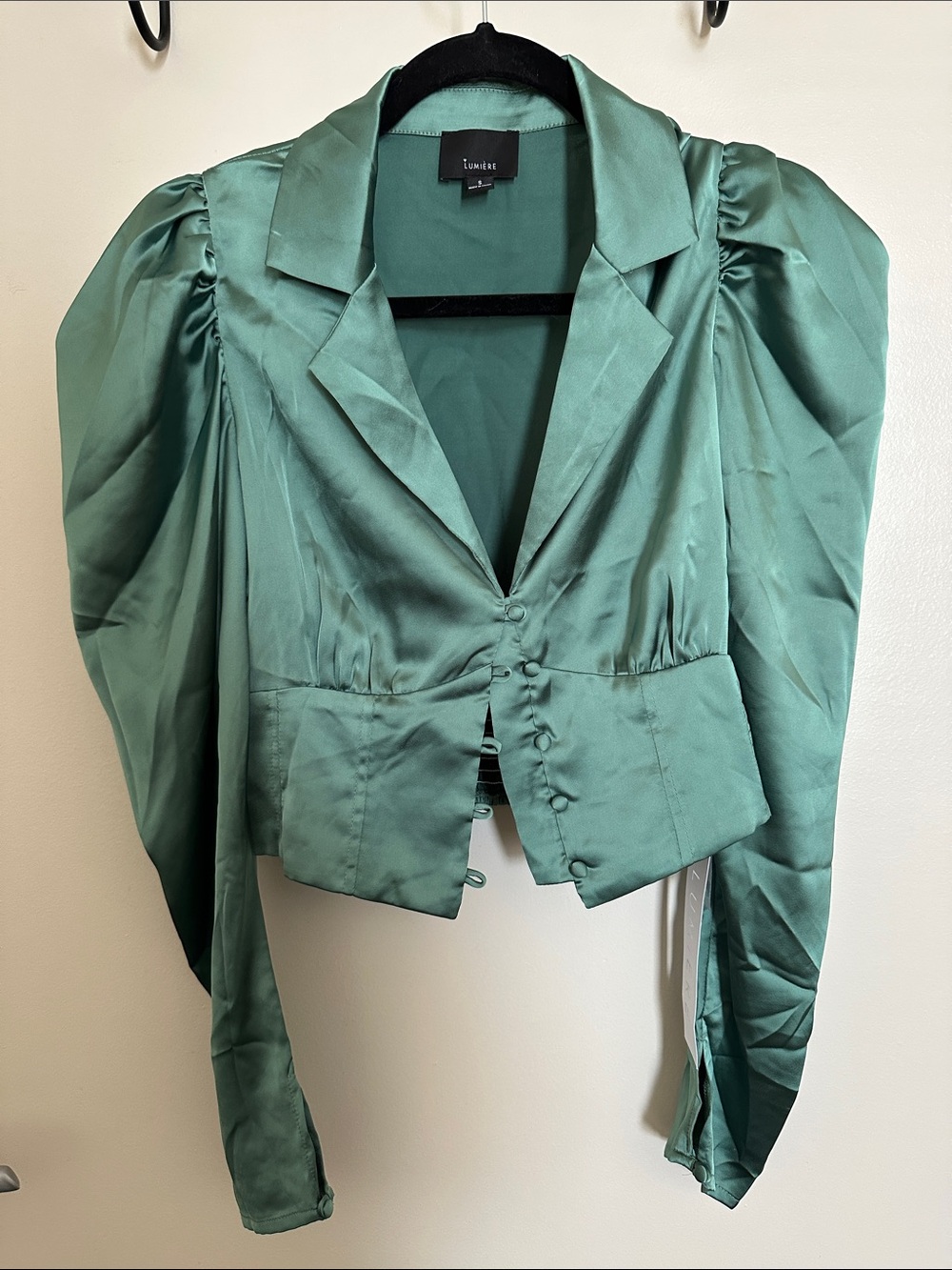 Lumiere Emerald Satin Puff-Sleeve Blouse Jacket